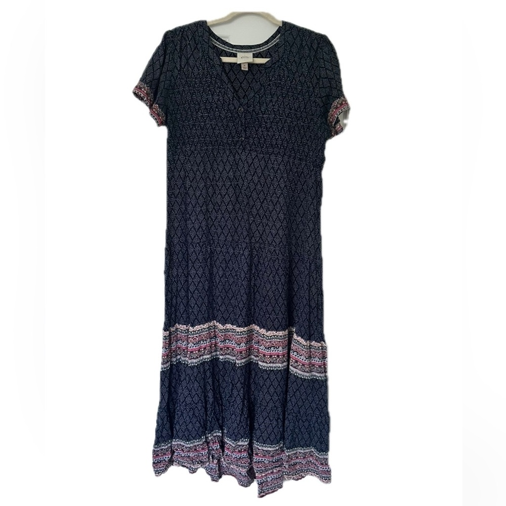 Knox Rose navy blue tiered boho smocked bodice maxi dress M